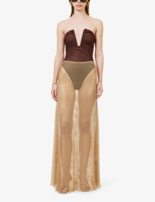 Shop Self-portrait Womens Nude Rhinestone-embellished Fishnet-texture Stretch-woven Maxi Skirt