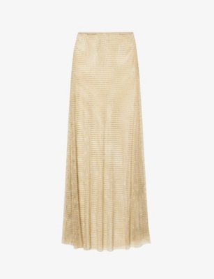 SELF PORTRAIT: Rhinestone-embellished fishnet-texture stretch-woven maxi skirt