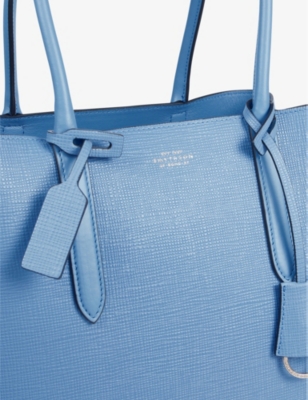 Shop Smythson Women's Nile Blue Panama Business Grained-leather Tote Bag