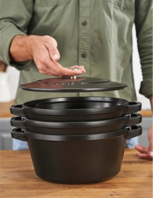 Staub Black Stackable Cast-iron Set Of Four With Lid In Black