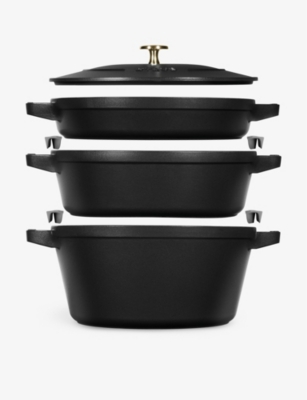 Staub Black Stackable Cast-iron Set Of Four With Lid In Black