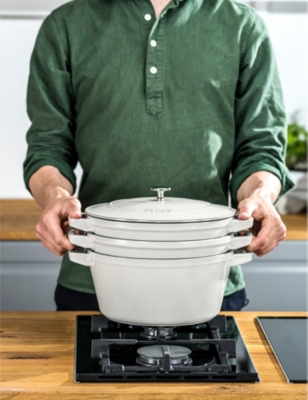 Staub White Truffle Stackable Cast-iron Set Of Four With Lid In White Truffle