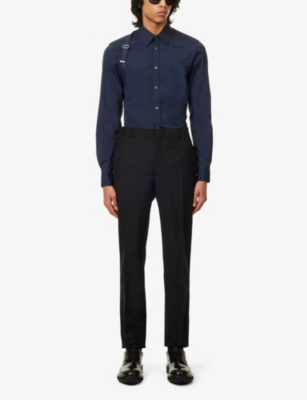 Shop Alexander Mcqueen Men's Ink Blue Harness-strap Tonal-panel Slim-fit Stretch-cotton Shirt