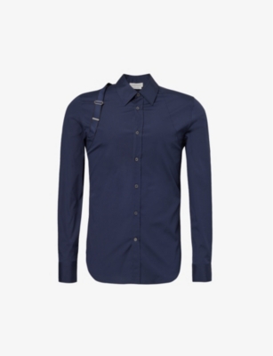 Shop Alexander Mcqueen Men's Ink Blue Harness-strap Tonal-panel Slim-fit Stretch-cotton Shirt