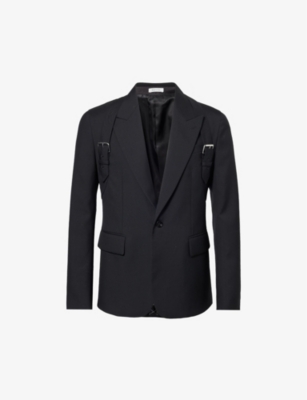 Shop Alexander Mcqueen Men's Black Harness-strap Tonal-panel Regular-fit Wool Blazer