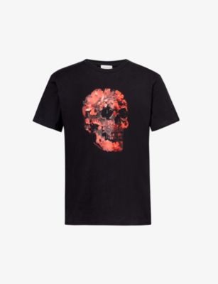 Shop Alexander Mcqueen Mens Black Red Skull Graphic-print Cotton-jersey T-shirt