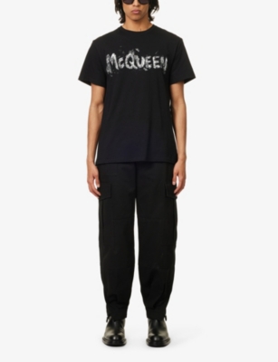 Shop Alexander Mcqueen Men's Black Grey Logo-print Crewneck Cotton-jersey T-shirt