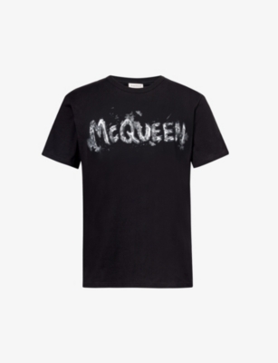 Shop Alexander Mcqueen Men's Black Grey Logo-print Crewneck Cotton-jersey T-shirt