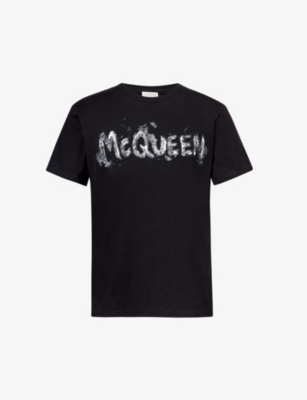 Shop Alexander Mcqueen S Black Grey Logo-print Crewneck Cotton-jersey T-shirt