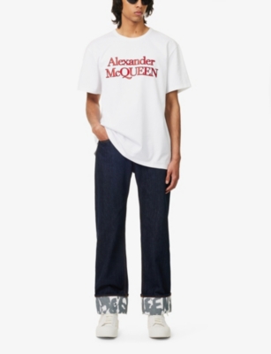 Shop Alexander Mcqueen Mens Opticalwhite Logo-print Crewneck Cotton-jersey T-shirt