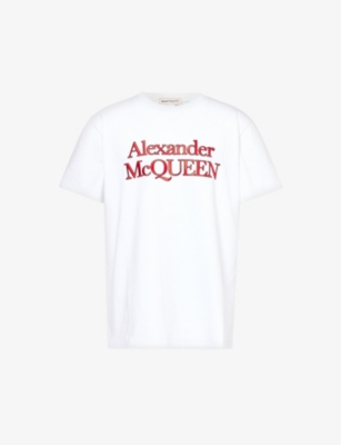 Shop Alexander Mcqueen Mens Opticalwhite Logo-print Crewneck Cotton-jersey T-shirt