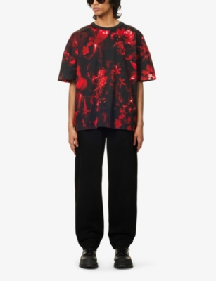 Shop Alexander Mcqueen Mens Black Red Logo-embroidered Floral-print Cotton-jersey T-shirt