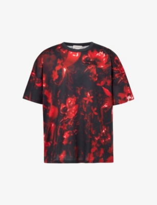 Shop Alexander Mcqueen Mens Black Red Logo-embroidered Floral-print Cotton-jersey T-shirt