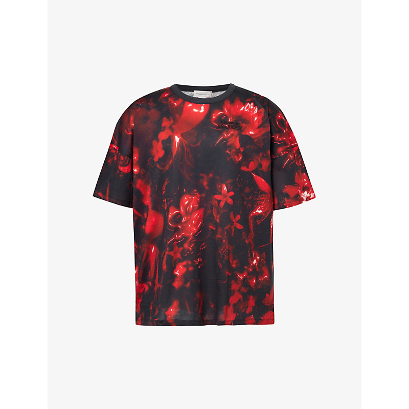 Alexander Mcqueen Mens Black Red Logo-embroidered Floral-print Cotton-jersey T-shirt