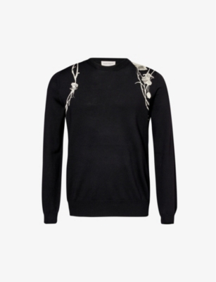 Alexander Mcqueen Mens Black Ivory Embroidered Crewneck Wool Knitted Jumper In Neutral