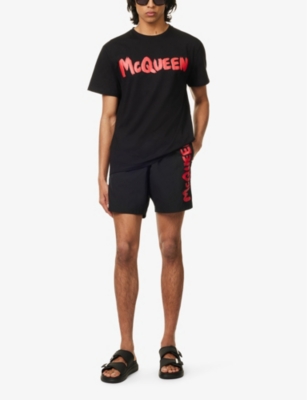 Shop Alexander Mcqueen Men's Black Lust Red Graffiti-print Regular-fit Woven Shorts