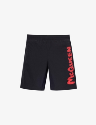 Shop Alexander Mcqueen Men's Black Lust Red Graffiti-print Regular-fit Woven Shorts