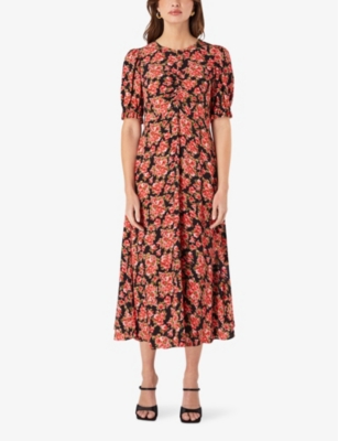 Ro&zo Rose-print Ruched Crepe Midi Dress In Black