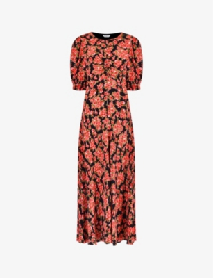 Shop Ro&zo Women's Black Rose-print Ruched Crepe Midi Dress