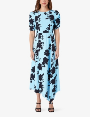 Ro&zo Luna Shadow Floral-print Crepe Midi Dress In Blue
