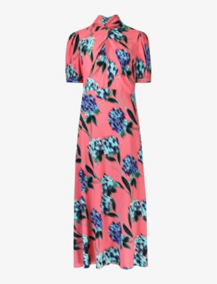 Shop Ro&zo Twist -neck Floral-print Woven Maxi Dress In Pink