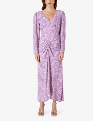 Shop Ro&zo Women's Purple Geometric-print Ruched Crepe Midi Dress