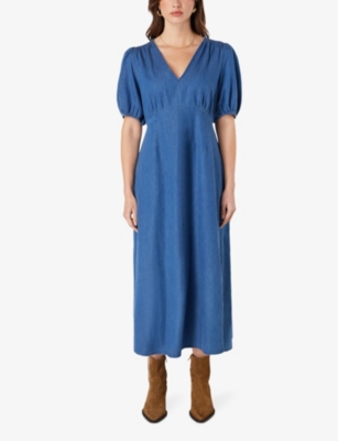 Shop Ro&zo Women's Blue Shirred-shoulder Relaxed-fit Cotton Midi Dress