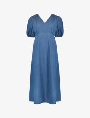 Shop Ro&zo Women's Blue Shirred-shoulder Relaxed-fit Cotton Midi Dress