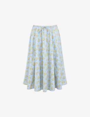House Of Cb Womens Soft Blue Cora Floral-print Stretch Cotton-blend Midi Skirt