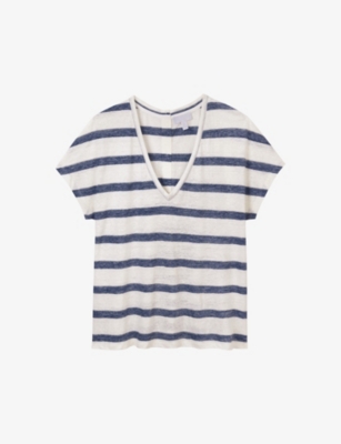 THE WHITE COMPANY: V-neck striped linen T-shirt