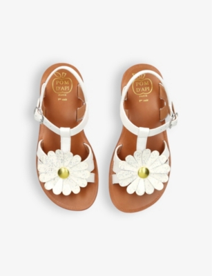 Shop Pom D'api Girls White Kids' Plagette Big Flower Leather Sandals