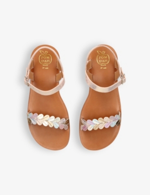 Shop Pom D'api Kids' Plagette Ferns Flat Leather Sandals Gold Comb