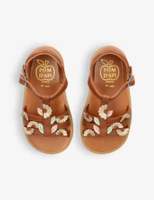 Shop Pom D'api Girls Camel Kids' Poppy Daisy-embellished Flat Leather Sandals