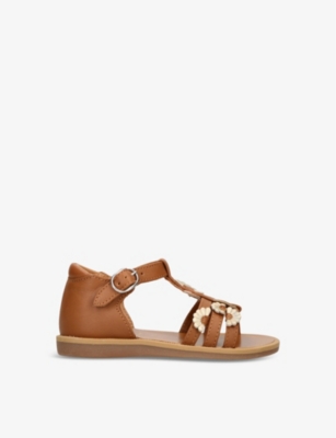 Shop Pom D'api Girls Camel Kids' Poppy Daisy-embellished Flat Leather Sandals