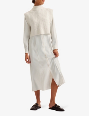 Shop Ted Baker Women's Ivory Elsiiey Knit-layer Stretch-woven Midi Dress
