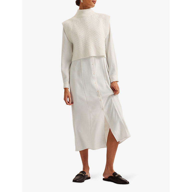 Shop Ted Baker Elsiiey Knit-layer Stretch-woven Midi Dress In Ivory