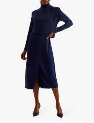 Shop Ted Baker Women's Navy Elsiiey Knit-layer Stretch-woven Midi Dress