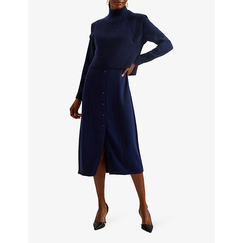 Shop Ted Baker Women's Navy Elsiiey Knit-layer Stretch-woven Midi Dress