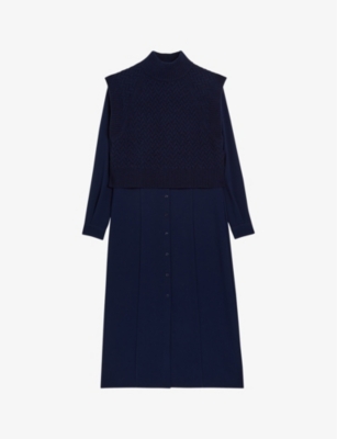 Ted Baker Womens Navy Elsiiey Knit-layer Stretch-woven Midi Dress
