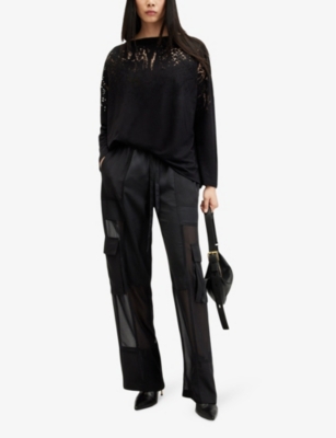 Allsaints Womens  Rita Snake-embroidered Relaxed-fit Stretch-woven T-shirt In Black
