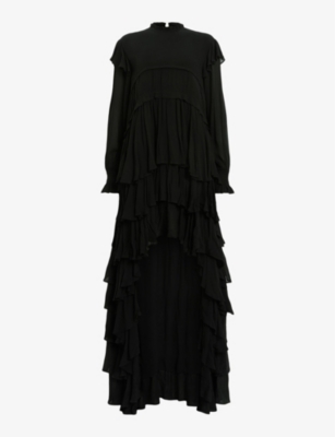 Allsaints Cavarly Ruffle Long Sleeve Maxi Dress In Black