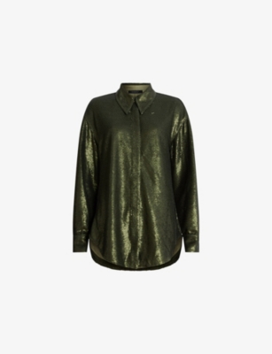 Allsaints Womens Charli Relaxed-fit Sequin Shirt Olive Green