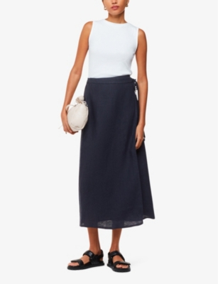 Shop Whistles Wrap Split-front Linen Midi Skirt In Navy