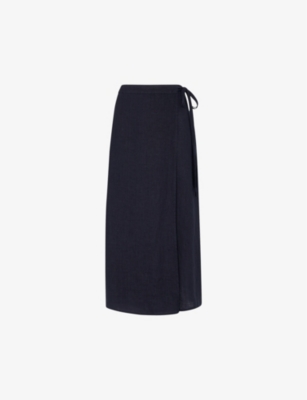 Shop Whistles Wrap Split-front Linen Midi Skirt In Navy