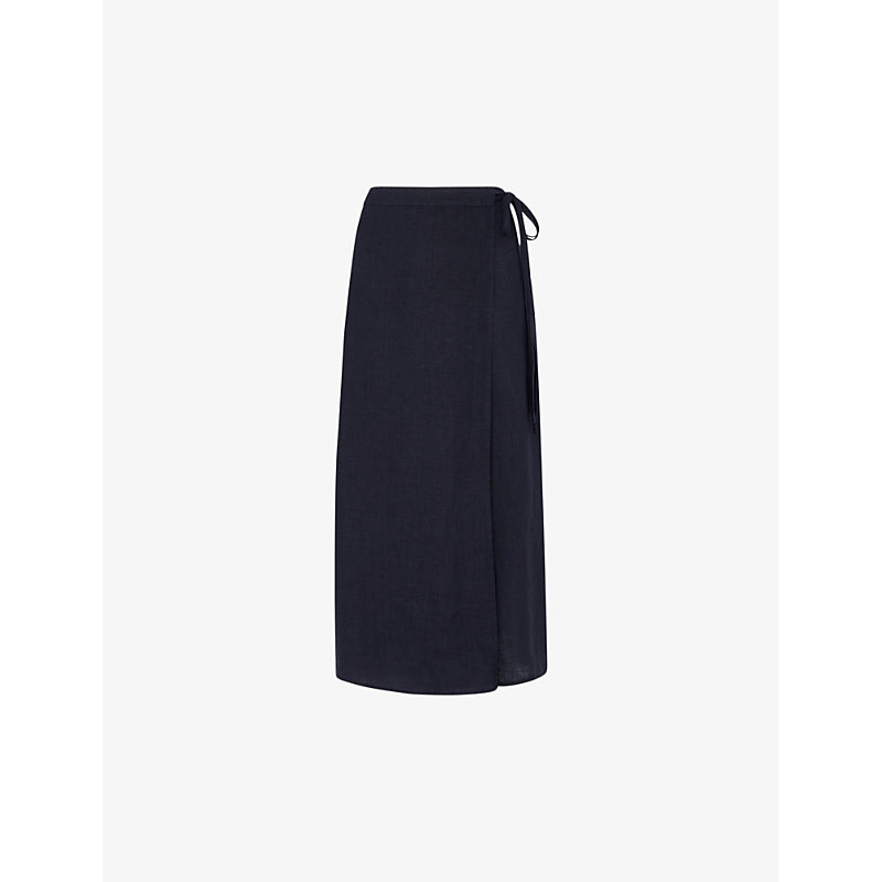 Shop Whistles Women's Navy Wrap Split-front Linen Midi Skirt