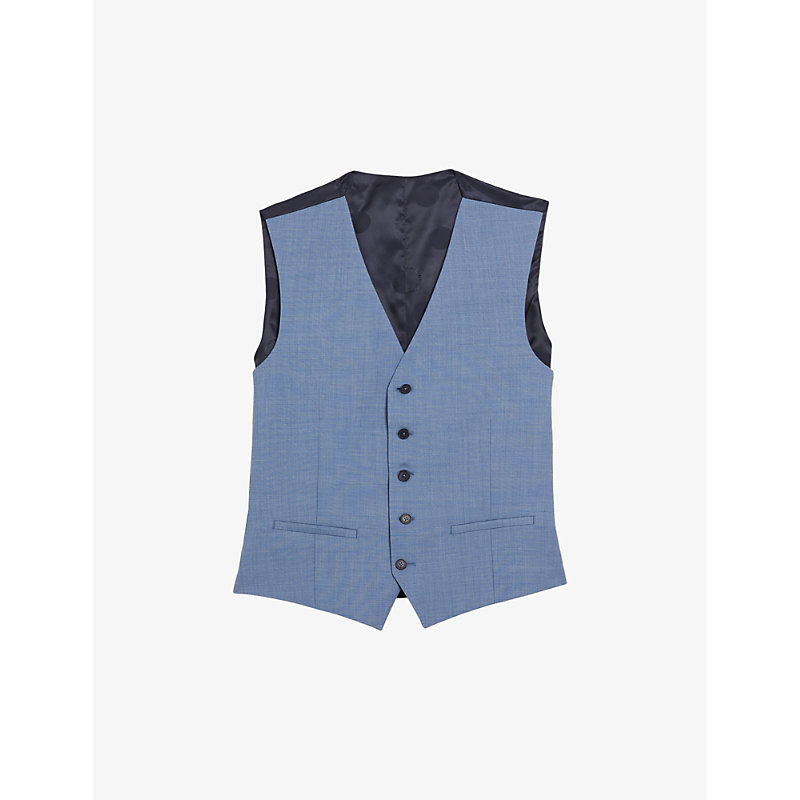 Ted Baker Mens Blue Sharkskin-pattern Slim-fit Wool-blend Waistcoat