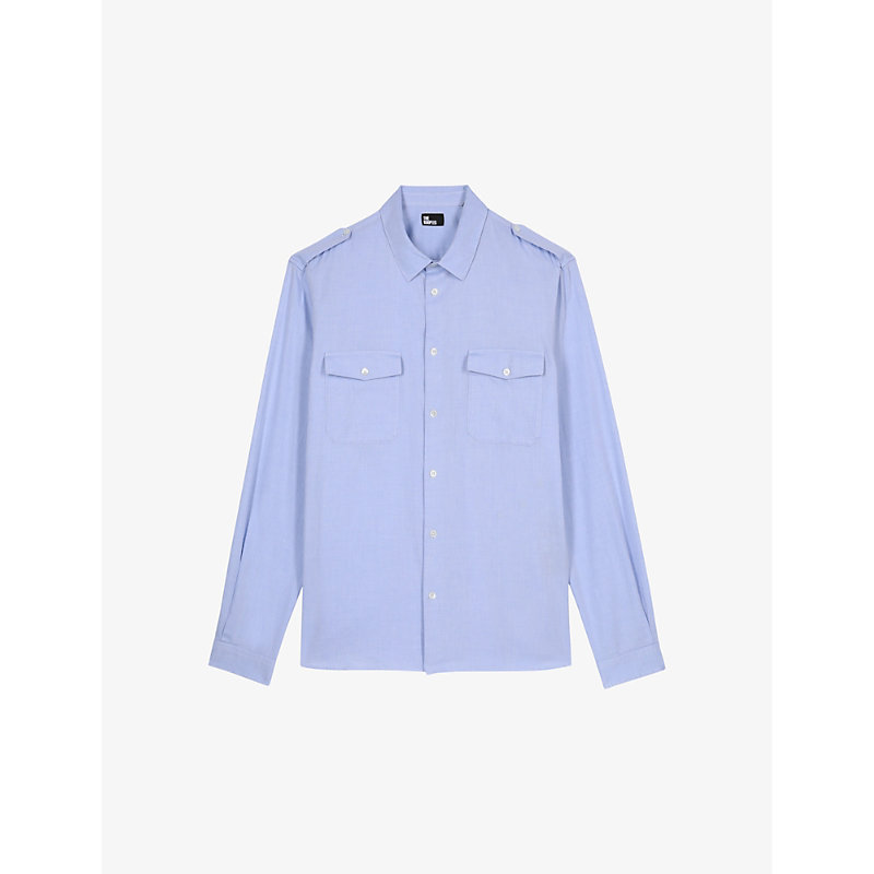 Shop The Kooples Men's Light Blue Chevron-weave Straight-cut Cotton Shirt