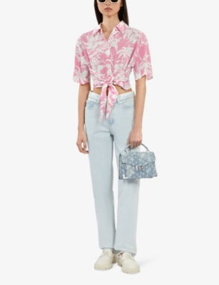 Shop The Kooples Women's Pink-white Floral-print Self-tie Woven Shirt