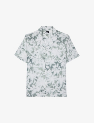 Shop The Kooples Men's White - Kaki Floral-print Regular-fit Linen-blend Shirt