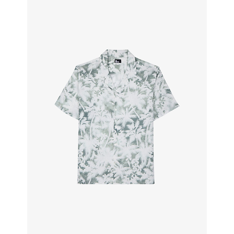 The Kooples Mens White - Kaki Floral-print Regular-fit Linen-blend Shirt